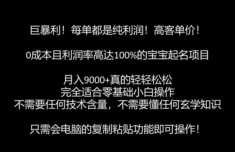 巨暴利，月入9000+的宝宝起名项目，每单都是纯利润，零基础都能躺zuan【附软件+视频教程】